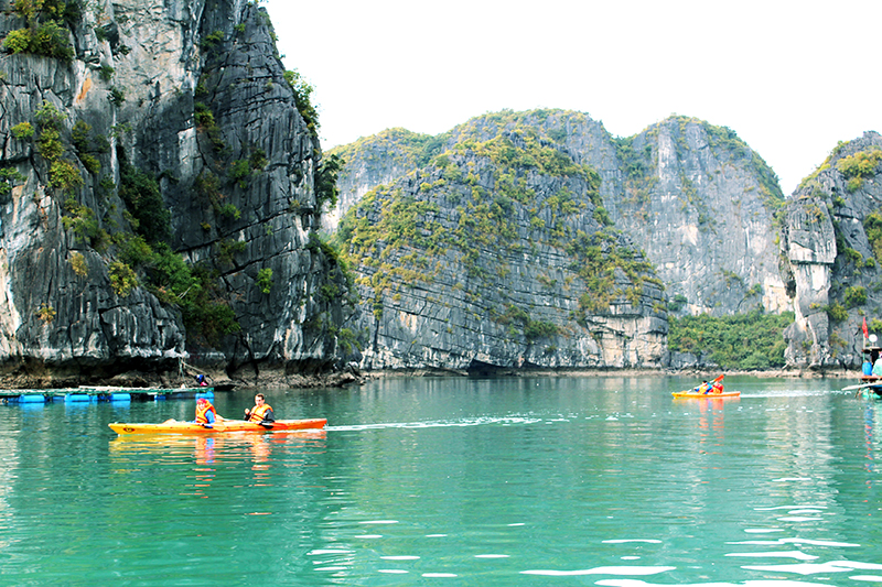 Du khách chèo thuyền kayak trên Vịnh Hạ Long. Ảnh: Duy Linh