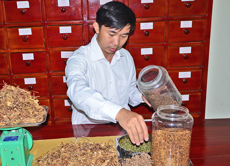 Lương y Nguyễn Văn Mạnh kiểm tra và phối trộn các vị thuốc để chế biến trà giải độc rượu.