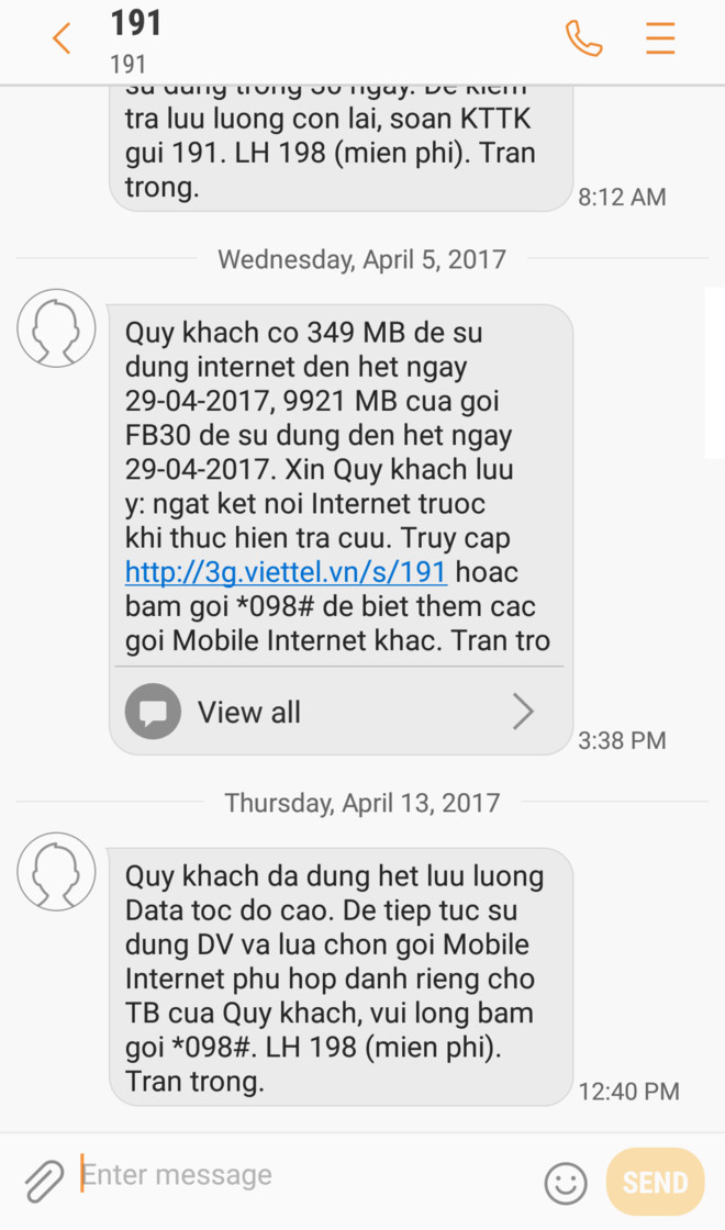 Chị Linh bất ngờ khi nhận tin nhắn từ nhà mạng thông báo dung lượng 3G của chị đã hết. Ảnh: NVCC.