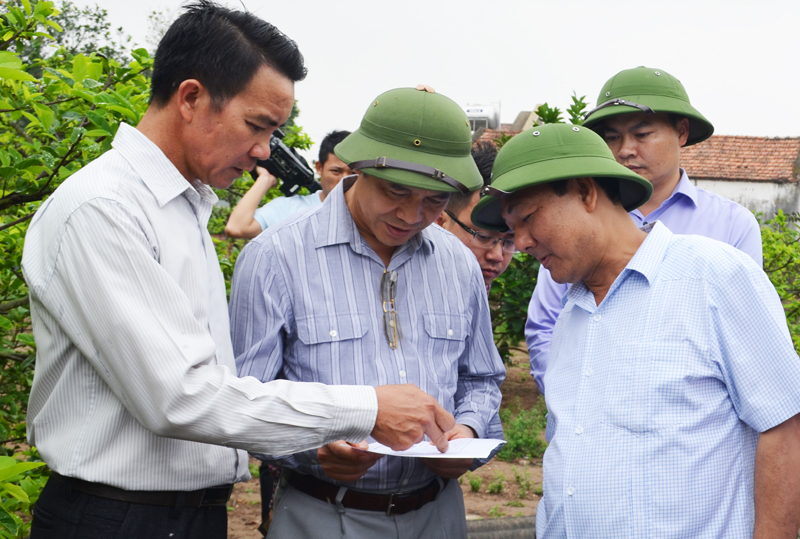 Đồng chí Đặng Huy hậu, Phó Chủ tịch Thường trực UBND tỉnh kiểm tra bản quy hoạch một mô hình vườn mẫu ở xã An Sinh