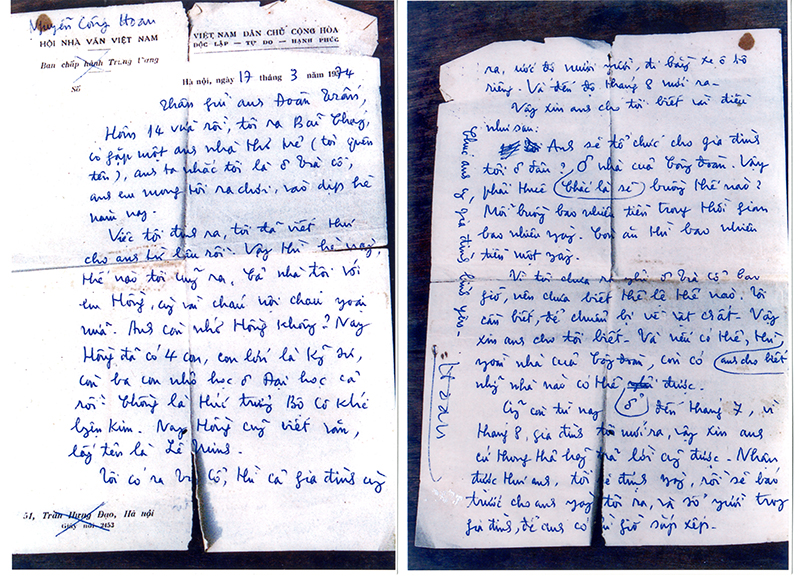 Bút tích lá thư của nhà văn Nguyễn Công Hoan gửi cho trò Đoàn Tuấn, ghi 17-3-1974.