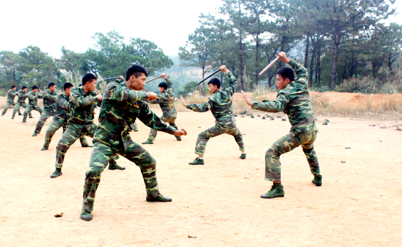 Cán bộ, chiến sĩ Đại đội Trinh sát (Bộ CHQS tỉnh) luyện tập võ chiến đấu có sử dụng binh khí.