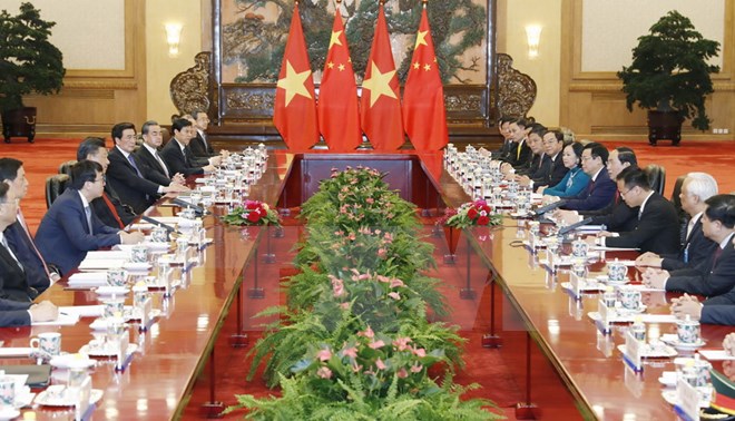 Chủ tịch nước Trần Đại Quang hội đàm với Tổng Bí thư, Chủ tịch Trung Quốc Tập Cận Bình. (Ảnh: Nhan Sáng/TTXVN)