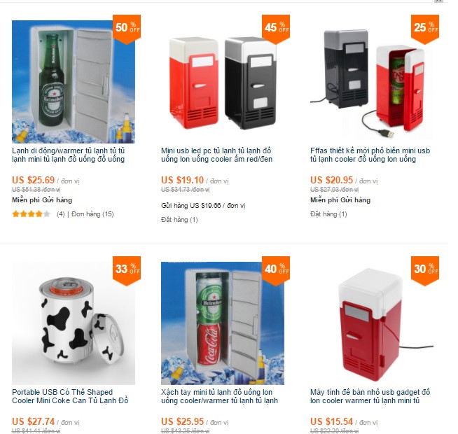 Những chiếc tủ lạnh USB được bày bán rộng rãi trên chợ mạng với nhiều khuyến mại giảm giá. Ảnh chụp màn hình.