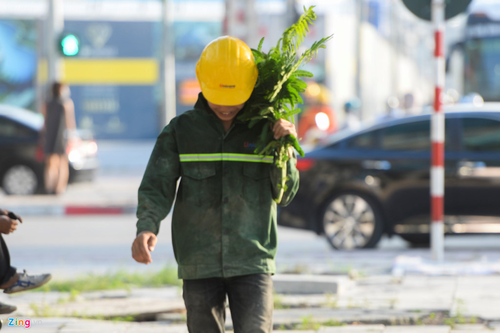 Anh Nguyễn Văn Sang (công nhân thi công một tòa nhà trên đường Trần Duy Hưng) phải bẻ cành cây để che bớt nắng.