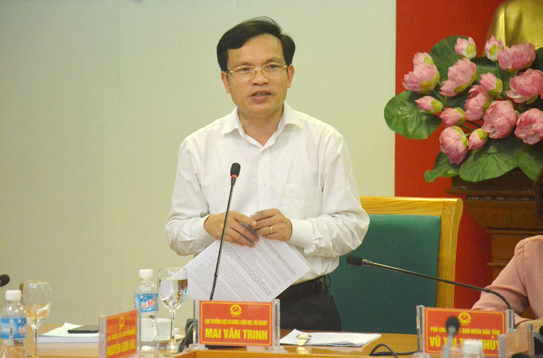 Đồng chí Mai Văn Trinh, Cục trưởng Cục Khảo thí và kiểm định chất lượng giáo dục, Bộ GD&ĐT phát biểu tại buổi làm việc