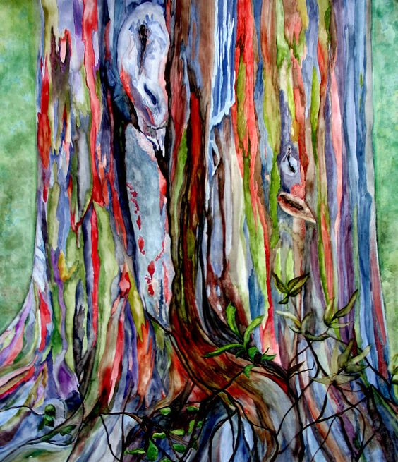 Cây bạch đàn cầu vồng ở Hawaii, Mỹ: Những cây bạch đàn ở Hawaii, Mỹ được coi như một tác phẩm nghệ thuật, vì sự thay đổi màu sắc trên thân. Khi cây phát triển đến một giai đoạn nhất định, lớp vỏ bên ngoài sẽ thay đổi từ màu xanh lá cây sang màu xanh đậm, sau đó hơi xanh xám, màu hồng-cam và tiếp tục thêm nhiều màu khác nữa. Ảnh: Margaret Tinnock/ Pinterest.