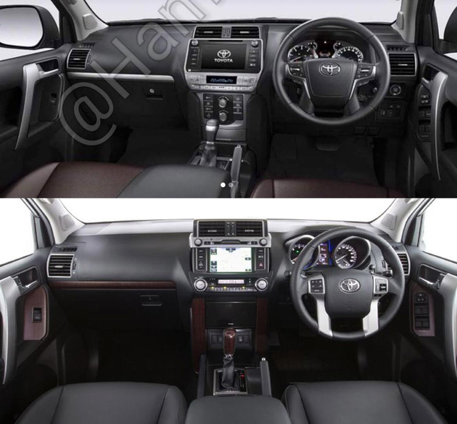 So sánh thiết kế nội thất của Toyota Land Cruiser Prado 2018 (trên) và phiên bản cũ.