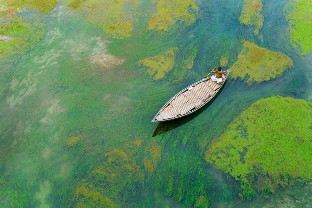 Một người đàn ông bơi thuyền qua sông Baral ở Bangladesh. (Nguồn: NatGeo). Nhiếp ảnh gia Tanveer Hassan Rohan nói rằng vào mùa đông, rêu và tảo ở sông nhìn rõ hơn dưới nước.