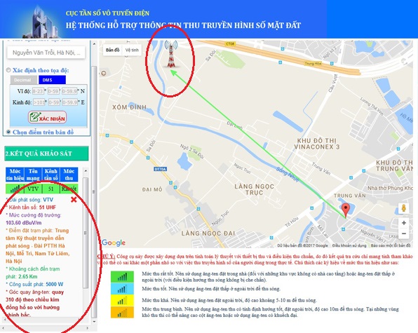 Hướng dẫn dò trạm phát DVB-T2: Ngoài ra, khi bấm vào từng trạm phát sóng trong danh sách, chúng ta sẽ có thêm thông tin chi tiết về điểm đặt trạm phát, công suất trạm phát, khoảng cách và hướng của trạm phát..., đồng thời có minh hoạ điểm đặt trạm phát để bạn xoay anten sao cho phù hợp.