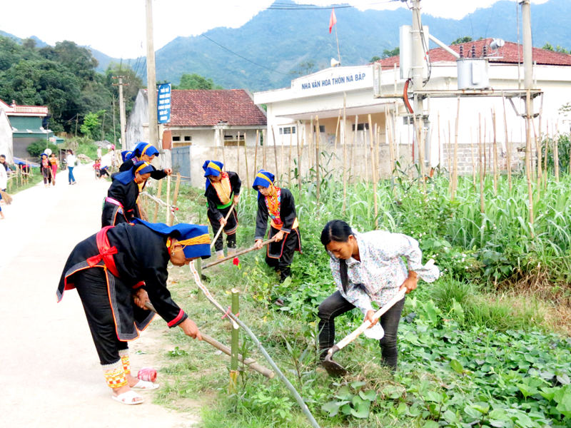 Người dân thôn Nà Bắp, xã Đồn Đạc dọn vệ sinh môi trường, trồng hoa, cây xanh trên tuyến đường liên thôn.