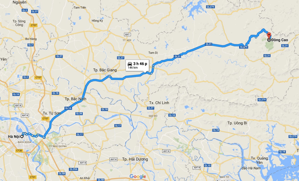 Chỉ dẫn cung đường từ Hà Nội tới Đồng Cao.