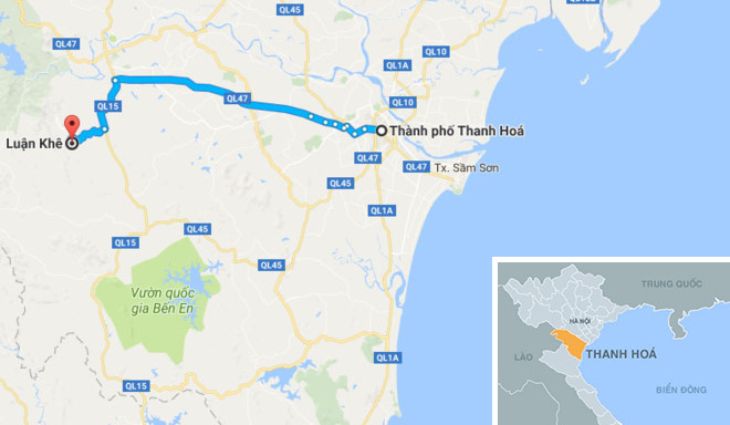 Xã Luận Khê - nơi xảy ra vụ việc, cách TP Thanh Hóa hơn 57 km về hướng tây. Ảnh: Google Maps.