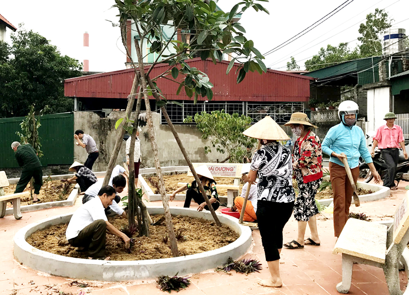Lực lượng CCB phường Thanh Sơn cùng người dân trồng cây xanh, tạo cảnh quan môi trường trên địa bàn.