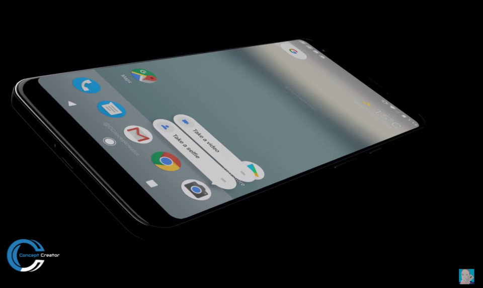 Mặt trước của concept Pixel 2 XL trông giống Galaxy S8 và LG G6 với viền màn hình siêu mỏng, tỷ lệ hiển thị 18:9.