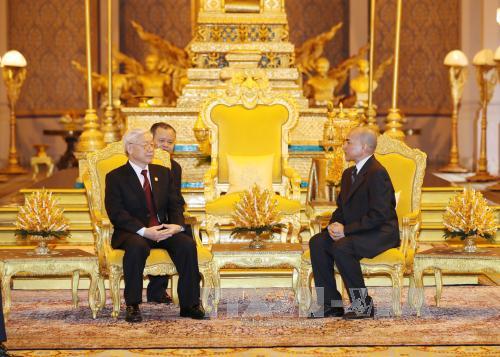 Tổng Bí thư Nguyễn Phú Trọng hội đàm với Quốc vương Campuchia Norodom Sihamoni. Ảnh: Trí Dũng/TTXVN