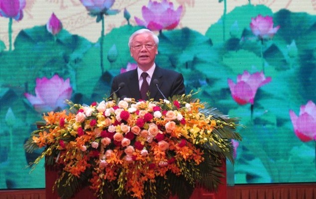 Tổng Bí thư Nguyễn Phú Trọng đọc diễn văn tại Lễ kỷ niệm (Ảnh: VA)