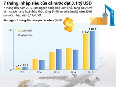 Nhập siêu của cả nước ước đạt 3,1 tỷ USD trong bảy tháng qua