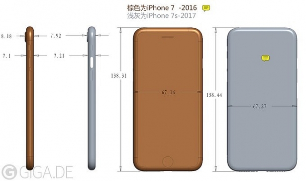 Kích thước iPhone 7s (màu xám) khi so sánh với iPhone 7 (màu nâu).