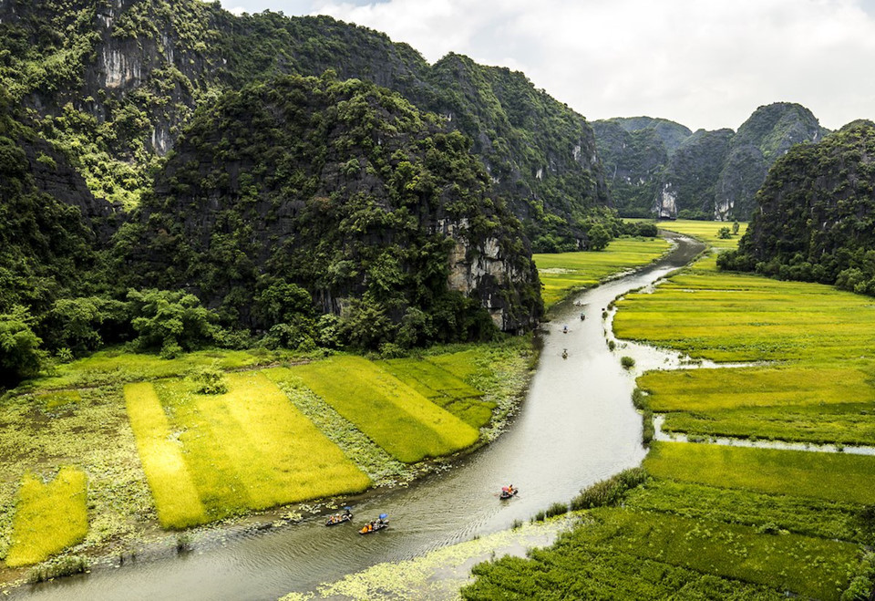 Đi thuyền ở Tam Cốc, Ninh Bình, Việt Nam: Con thuyền giản dị đưa du khách đi trên dòng sông uốn lượn giữa đồng lúa và các núi đá hùng vĩ.