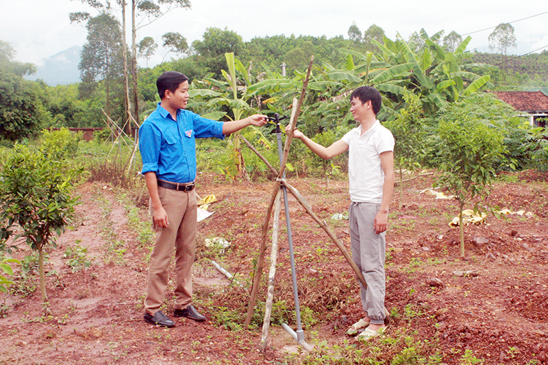 Cán bộ Đoàn Thanh niên xã Đông Hải, huyện Tiên Yên cùng anh Phan Đình Dương, thôn Hội Phố, xã Đông Hải kiểm tra việc lắp đặt hệ thống tưới nước tự động trong “vườn mẫu” của gia đình.