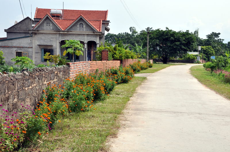 Bên đường dẫn vào thôn Khê Thượng (xã Việt Dân), dọc chân tường rào được trồng hoa, cây cảnh trong phong trào xây dựng NTM kiểu mẫu.