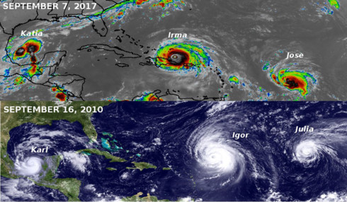 7 năm trước, tháng 9/2010 cũng đã xảy ra tình trạng 3 cơn bão, Karl, Igor và Julia, cùng càn quét Caribbean. (Ảnh: Twitter)