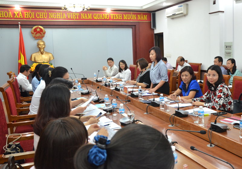 Đồng chí Vũ Thị Thu Thuỷ, Phó Chủ tịch UBND tỉnh, Trưởng ban VSTBPN tỉnh phát biểu tại hội nghị