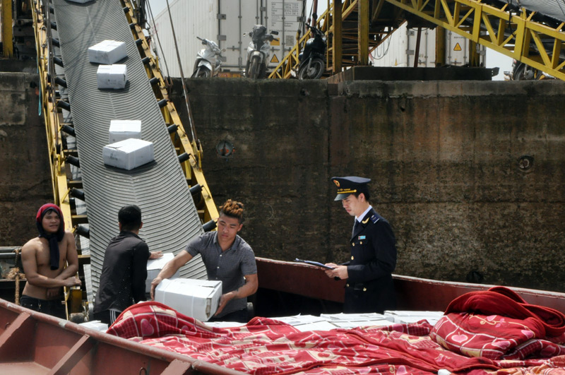 Cán bộ Chi cục Hải quan Cửa khẩu Móng Cái kiểm tra hoạt động xuất khẩu tại Cảng ICD Thành Đạt.