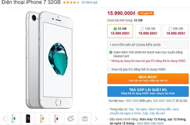 Giá niêm yết mới của điện thoại iPhone 7 tại Việt Nam.