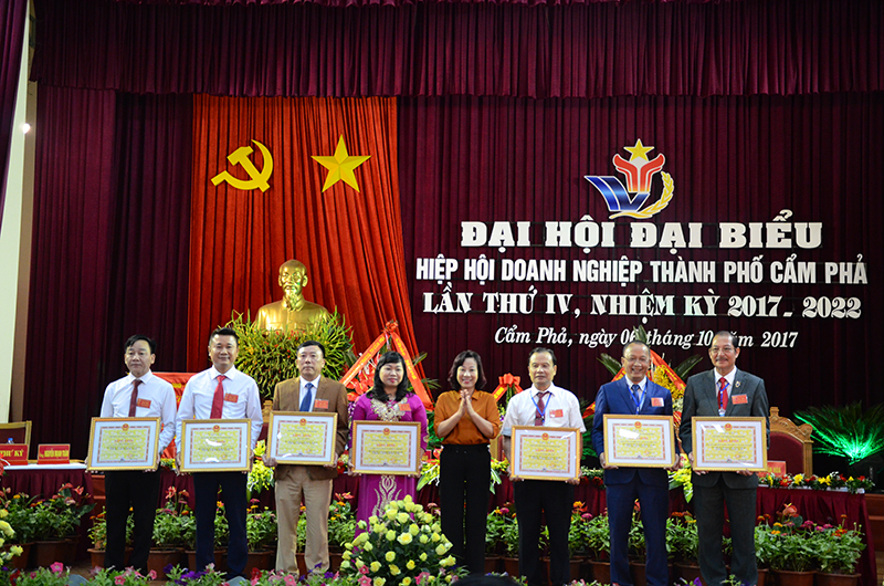 Đồng chí Vũ Thị Thu Thủy trao tặng bằng khen của UBND tỉnh cho các doanh nghiệp có thành tích xuất sắc