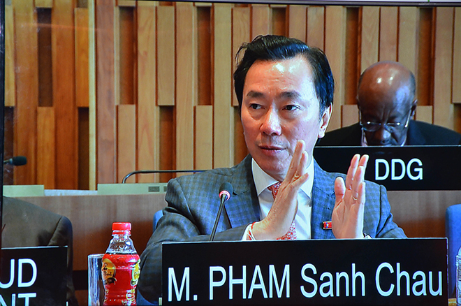 Đại sứ Phạm Sanh Châu trình bày tầm nhìn của mình về tổ chức UNESCO. Ảnh: Bích Hà - Phóng viên TTXVN tại Pháp