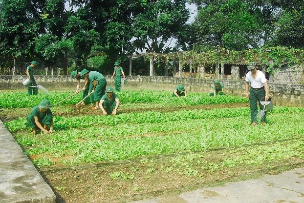  Thượng úy Trịnh Sỹ Quyền (ngoài cùng bên phải) cùng các CBCS trong đơn vị chăm sóc vườn rau, tăng gia sản xuất.