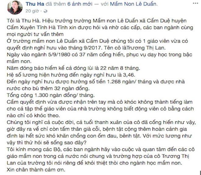 Cô giáo Nguyễn Thị Thu Hà, Hiệu trưởng trường Mầm non Lê Duẩn tâm sự về trường hợp nhận lương hưu quá thấp của cô Trương Thị Lan. (Ảnh: Chụp màn hình)
