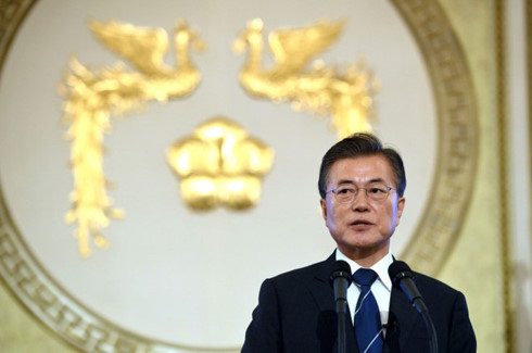 Tổng thống Hàn Quốc Moon Jae In trong một phát biểu ở Nhà Xanh. Ảnh: Reuters.