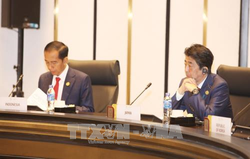 Thủ tướng Nhật Bản Shinzo Abe (bên phải) và Tổng thống Indonesia Joko Wikodo tại Phiên họp kín thứ nhất với chủ đề “Tăng trưởng sáng tạo, phát triển bao trùm và việc làm bền vững trong kỷ nguyên số”. Ảnh: TTXVN