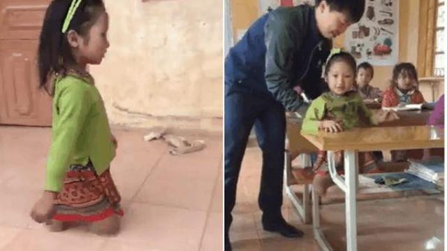 Hình ảnh bé gái xinh xắn bị cụt 2 chân nhưng vẫn hồn nhiên đến trường đang được mọi người quan tâm. Ảnh cắt từ video do thầy giáo Nguyễn Hữu Hùng cung cấp