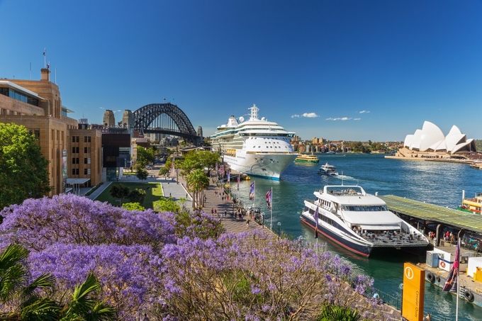 Sydney là nơi có nhiều cảnh đẹp tự nhiên, một điểm đến thu hút du khách khắp thế giới. Đặc biệt khi đến Sydney tháng 11 này du khách còn được ngắm nhìn mùa phượng tím (jacaranda) rực rỡ. Trong hình là khu vực phố Circular Quay, nơi neo đậu nhiều du thuyền. Ảnh: Hamilton Lund.