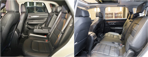 Honda CR-V (phải) bố trí kiểu ghế ngồi 5+2 thay vì chỉ 5 chỗ như trên Mazda CX-5 (trái)