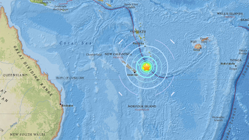 Nhiều khả năng sóng thần nguy hiểm sẽ xuất hiện dọc bờ biển của New Caledonia và đảo quốc Vanuatu gần đó trên Nam Thái Bình Dương. Ảnh: USGS