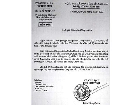 Công văn chỉ đạo Công an Cà Mau điều tra lại vụ bé K. từ UBND tỉnh Cà Mau.