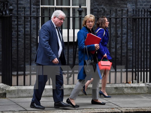 Chủ tịch Hạ viện Anh Andrea Leadsom (giữa) sau một cuộc họp tại thủ đô London ngày 14/11. (Nguồn: AFP/TTXVN)