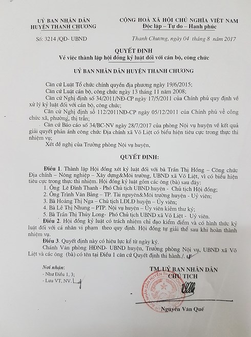Quyết định kỷ luật của UBND huyện Thanh Chương đối với bà Trần Thị Hồng.