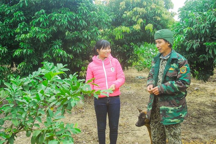 Cán bộ MTTQ xã Quảng La, huyện Hoành Bồ (bên trái) thăm, vận động người dân cải tạo vườn tạp, xây dựng vườn kiểu mẫu.