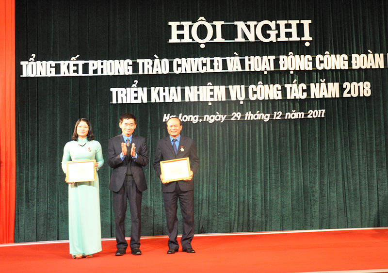 Lãnh đạo Tổng LĐLĐ Việt Nam tặng danh hiệu Chiến sĩ thi đua cấp Tổng LĐLĐ Việt Nam cho hai Phó Chủ tịch LĐLĐ tỉnh.
