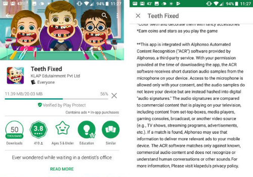 Một ảnh chụp màn hình ứng dụng Android có tên Teeth Fixed, sử dụng phần mềm từ Alphonso để thu thập dữ liệu xem truyền hình cho nhà quảng cáo.
