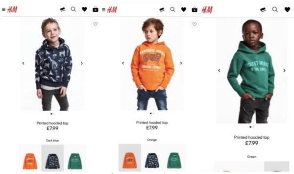 Hình ảnh 3 mẫu áo hoodie trẻ em của H&M trên website bán hàng tại Anh. Ảnh: Twitter.