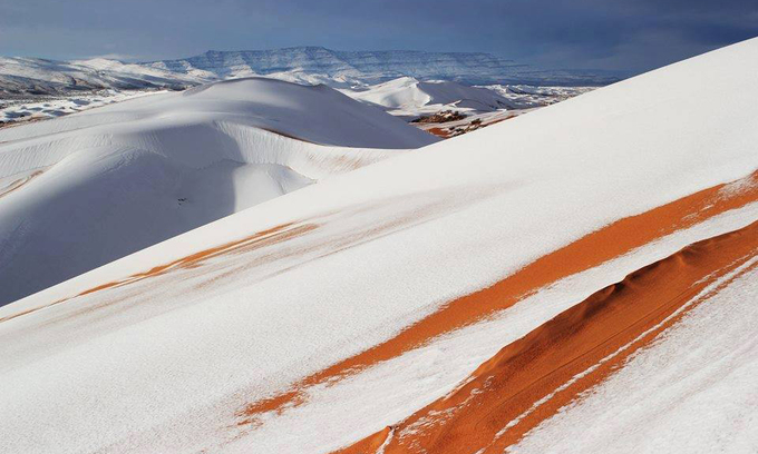 Tuyết rơi phủ trắng những đụn cát trên khu vực sa mạc Sahara thuộc Ain Sefra, Algeria, Right Wing News hôm 7/1 đưa tin. Tuyết trắng đan xen với cát tạo nên một cảnh tượng vô cùng hiếm gặp. Ảnh: Issam Bouchetata.