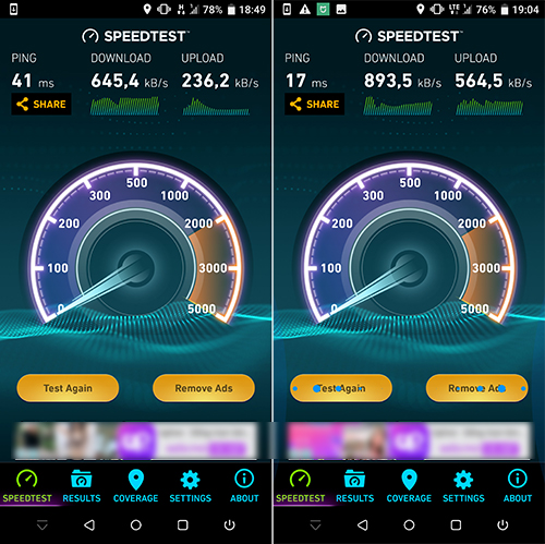 Tốc độ đo với 3G (bên trái) và LTE (bên phải) tại cùng vị trí. 