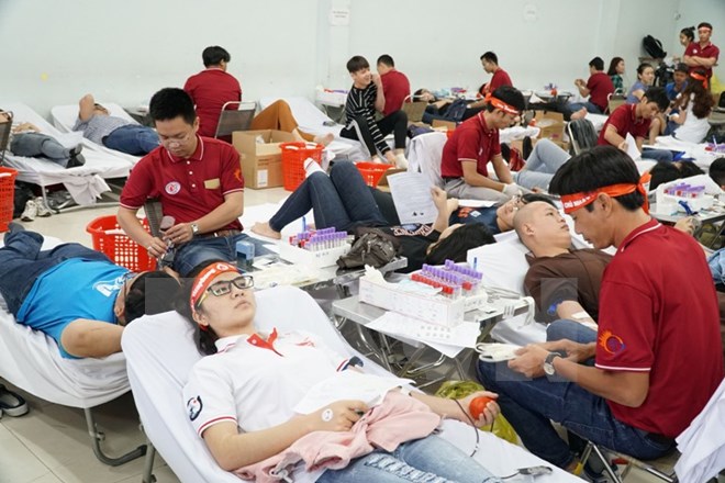 Các bạn trẻ tham gia hiến máu tại ngày Chủ Nhật đỏ. (Ảnh: Phương Vy/TTXVN)